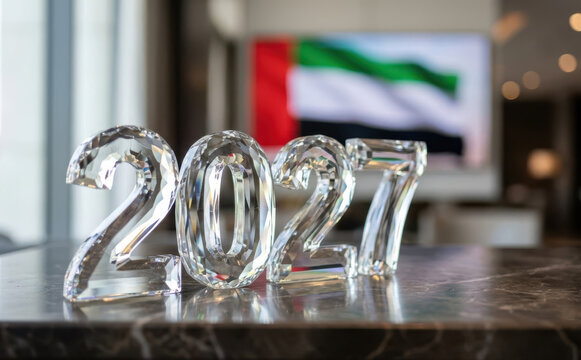 Crystal 2027 numbers on a table with UAE flag background for New Year and future celebration concepts