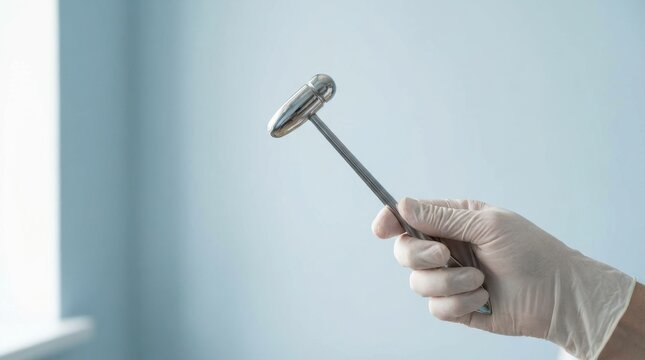 Medical professional holding a reflex hammer for neurological examination in a clinic