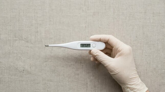 Medical professional wearing protective latex glove holding a digital thermometer showing normal human body temperature