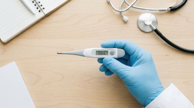 Medical professional holding digital thermometer showing normal temperature in a doctor office