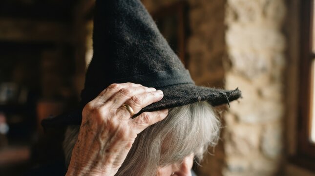 Elderly woman wearing a pointy black witch hat for Halloween costume concept and seasonal celebration
