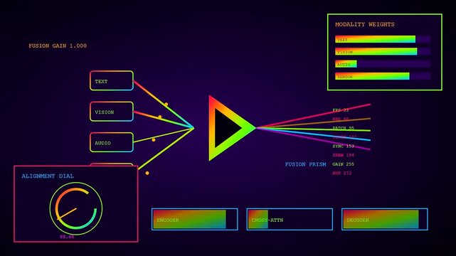the complex ai integration process displayed with vibrant digital prisms and dynamic data gauges showing evolving metrics across three separate stages of a modern system