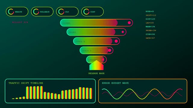 A digital screen showing an ai integration process with dynamic funnel charts and animated bars to display server traffic flow and status metrics for operations