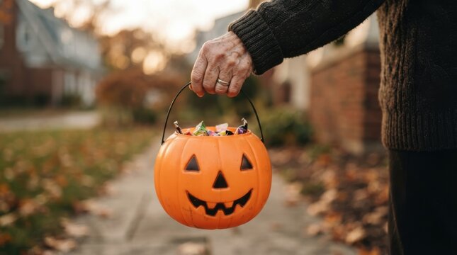 Elderly person holding an orange plastic pumpkin trick or treat bucket full of candy outdoors