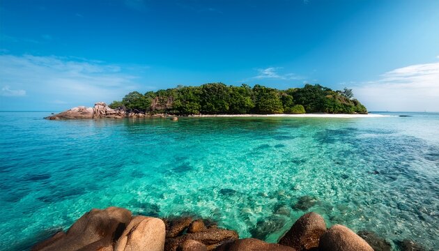 Clear Shallow Sea Laps Against A Rocky Tropical Shore With A Lush Green Headland Stretching Into The Calm Ocean