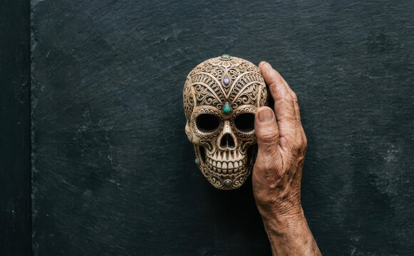 Elderly hand holding an ornate decorative skull on dark slate background representing mortality