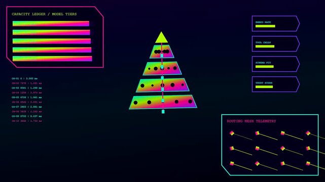The ai integration process displays modular triangular charts with neon glowing elements and data telemetry streams shifting across a dark digital environment during sequential monitoring operations