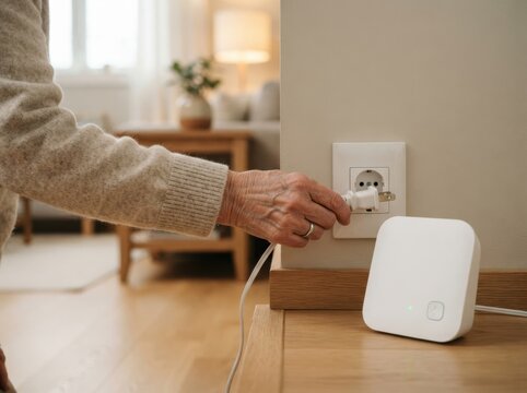 Elderly woman plugging smart home hub into wall outlet at home