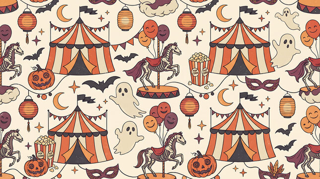 Vintage Halloween Carnival Seamless Pattern with Circus Tents, Carousel Horses, Ghosts, Black Cats, Balloons, Pumpkins and Crescent Moons