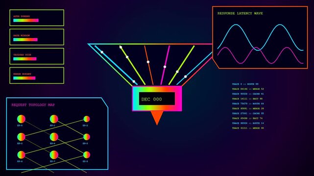 The ai integration process displays vibrant digital nodes connected by flowing lines within a dark interface showing abstract cycles of data movement and light patterns
