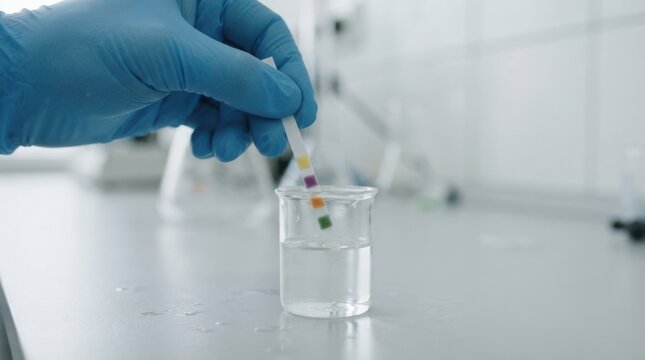 Scientist dipping pH paper test strip into beaker with liquid in chemistry laboratory
