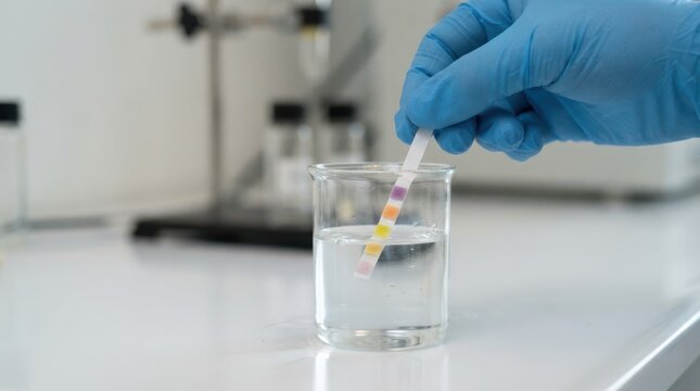 Scientist testing pH levels of liquid with a test strip in a chemistry laboratory beaker
