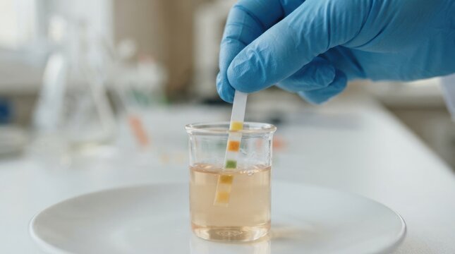 Laboratory scientist testing liquid pH level with test strip in a small beaker for chemical analysis and medical research