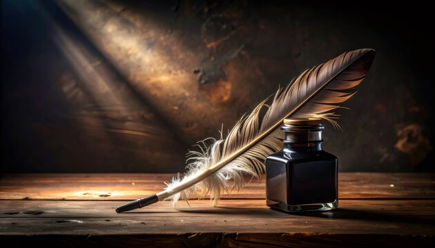 Quill pen and inkwell on wooden table in dappled light