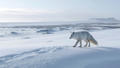 Fototapeta premium Arctic fox walking through snowy tundra landscape