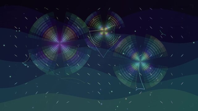 Abstract Glowing Geometric Shapes Spinning Over Dark Wave Background