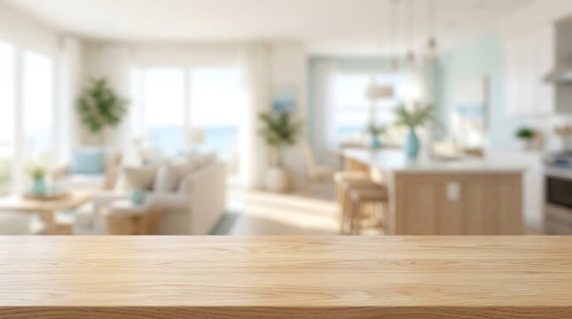 Empty wooden tabletop with blurred modern kitchen and living room interior for product display mockup website banner.