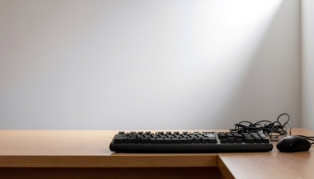 Minimalist workspace featuring keyboard and mouse on desk