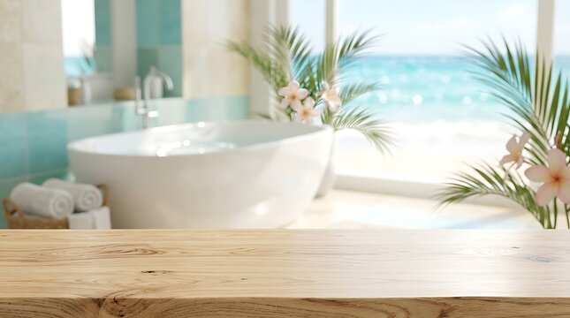 Empty wooden table in a blurred luxury tropical bathroom with ocean view for spa product mockup presentation display.