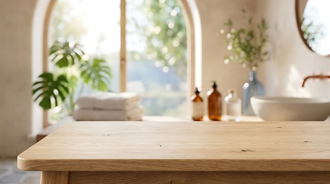 Empty wooden table in blurred luxury bathroom with arched window and spa products for cosmetic mockup display backdrop