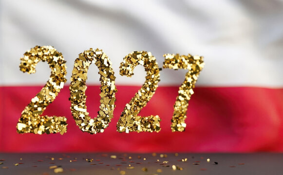 Golden 2027 numbers on Polish flag background for New Year celebration concept