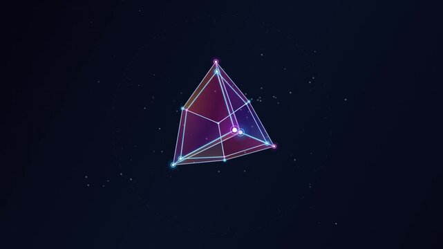 Glowing 3d geometric polygon rotating in futuristic digital space