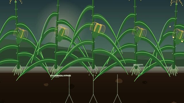 Educational animation showing the stages of soil degradation caused by intensive monoculture of Zea mays including nitrogen stripping, aggregate collapse, and the formation of a sterile hardpan
