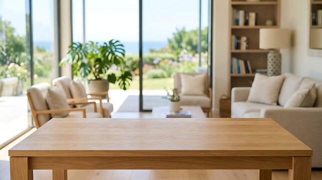 Empty Wooden Table Top Background for Product Mockup in Modern Living Room Interior with Garden View Ocean Scenery