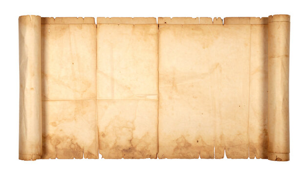 Horizontal open old paper scroll with rolled edges, aged parchment texture, weathered vintage document for historical design projects, high resolution cutout asset.
