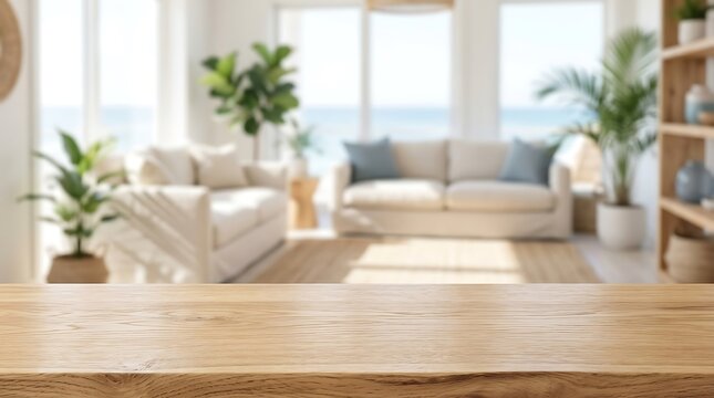 Empty Wooden Tabletop Perspective in Blurred Beach House Living Room Background for Product Placement Interior Mockup
