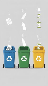 Vertical waste sorting and recycling bins infographic animation, ai generated