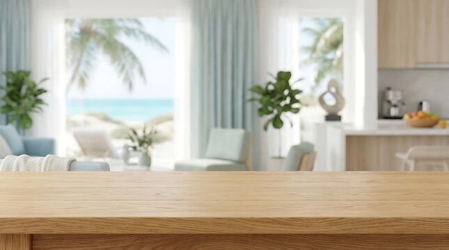 Empty Wooden Tabletop Surface in Blurred Modern Coastal Living Room for Product Presentation and Beach House Mockup.