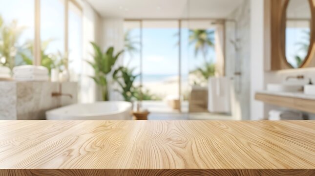 Empty wooden table top in luxury bathroom with beach view for product placement and spa advertisement background mockup.