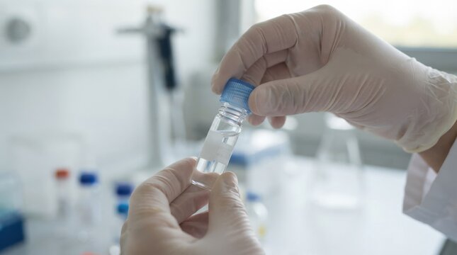 Scientist holding a sample vial in a research laboratory setting for medical and pharmaceutical testing