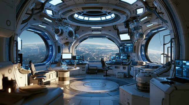 Futuristic spaceship cockpit interior with panoramic windows overlooking a distant planet