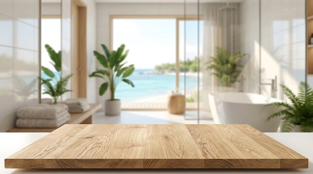 Wooden tabletop platform for product display in a bright tropical luxury bathroom with beach ocean view background.
