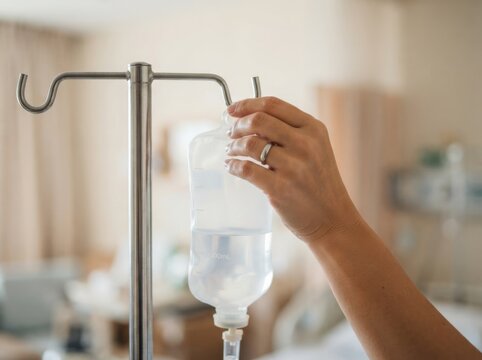Woman adjusting intravenous drip bag on pole in hospital room, medical treatment and healthcare concept