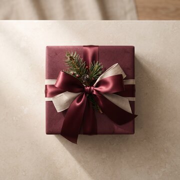 An elegant gift box wrapped in deep red paper, adorned with a luxurious satin ribbon and a sprig of evergreen, rests on a textured surface, exuding festive cheer and anticipation.