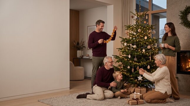 A heartwarming multigenerational family gathers around a beautifully decorated Christmas tree, exchanging smiles and ornaments in a cozy living room setting.