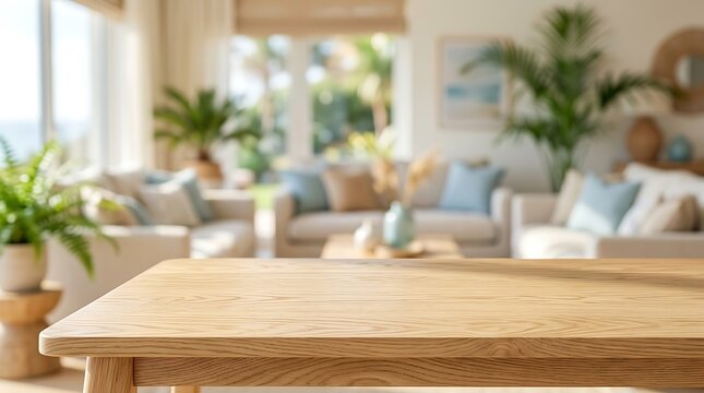 Empty Wooden Tabletop Foreground for Product Display in Bright Modern Coastal Living Room Interior Background Mockup.