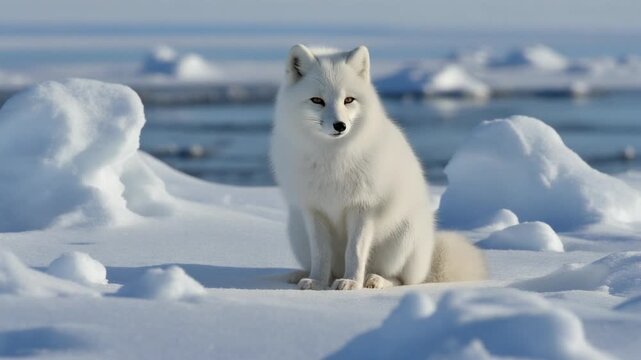 Arctic Fox Sitting On Ice Floe In Snowy Arctic Landscape