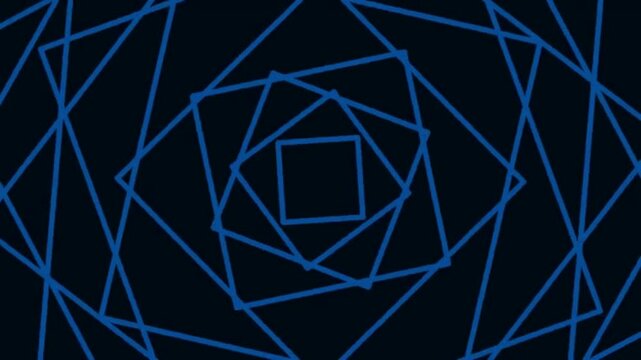 Geometric Spiral Blue Lines Moving in Converging Squares in Dark Abstract Background