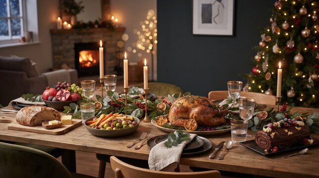 A beautifully set dining table laden with a festive Christmas feast, complete with a roast turkey, holiday decorations, and a roaring fireplace, evokes warmth and celebration.