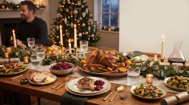 A festive Christmas dinner spread featuring a roasted turkey and various side dishes is artfully arranged on a long wooden table.