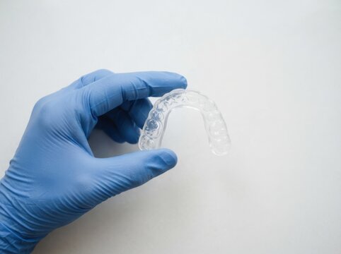 Dentist holding a clear plastic dental aligner or retainer for teeth straightening and orthodontics