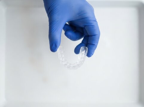 Dental professional holding a clear plastic orthodontic retainer in a sterile clinic setting