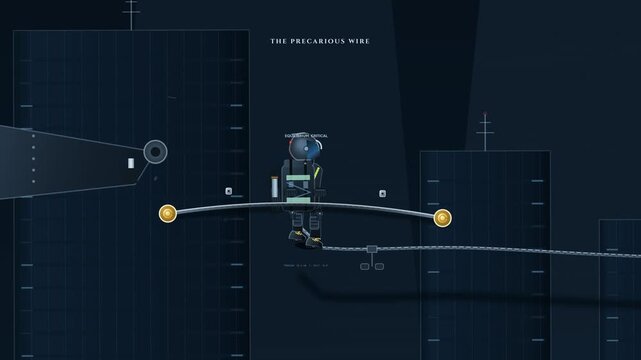 Animated conceptual video about precarious gig economy worker balancing on a tightrope across dark city skyscrapers illustrating algorithmic management and automated capital