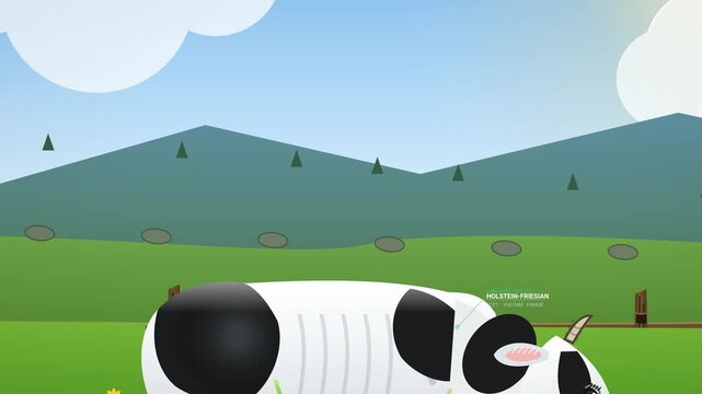 Animated conceptual video revealing the illusion of factory farming as idyllic green pasture zooms out to show Holstein Friesian cows confined in a dark industrial facility