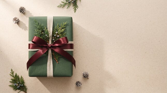 An elegantly wrapped gift, adorned with a deep red ribbon and sprigs of evergreen, sits ready to be exchanged, embodying the spirit of generosity and holiday cheer.