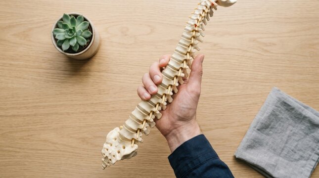 Chiropractor holding a spine model representing back pain treatment and spinal health care